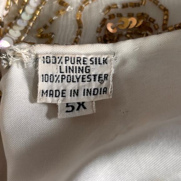 Vintage 90s Beaded Silk Top Metallic Sequin Gold White Evening Blouse Plus Size - Picture 11 of 13